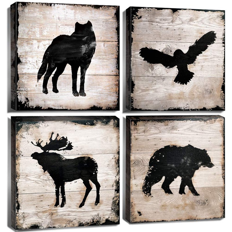 sunfrower Rustic Wildlife Wall Art Cabin Wall Decor Bear Pictures Woodland Animals Picture Farmhouse Moose Deer Canvas Painting Eagle Wolf Poster Nursery Artwork for Bedroom Lodge Home Decorations 12x12" 4P - Image 1
